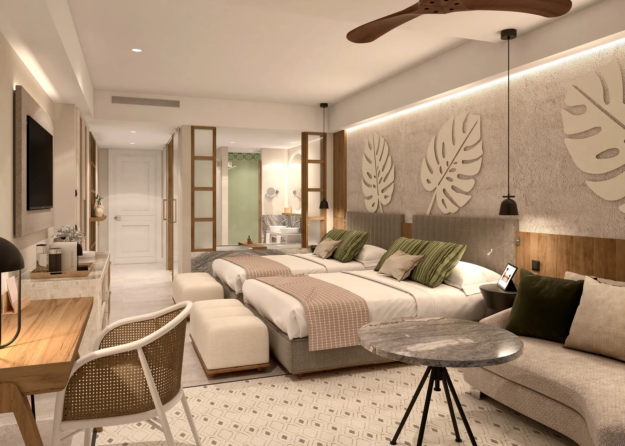 Junior Suite Swim Out with two double beds and modern tropical décor at Secrets Playa Esmeralda Resort & Spa.