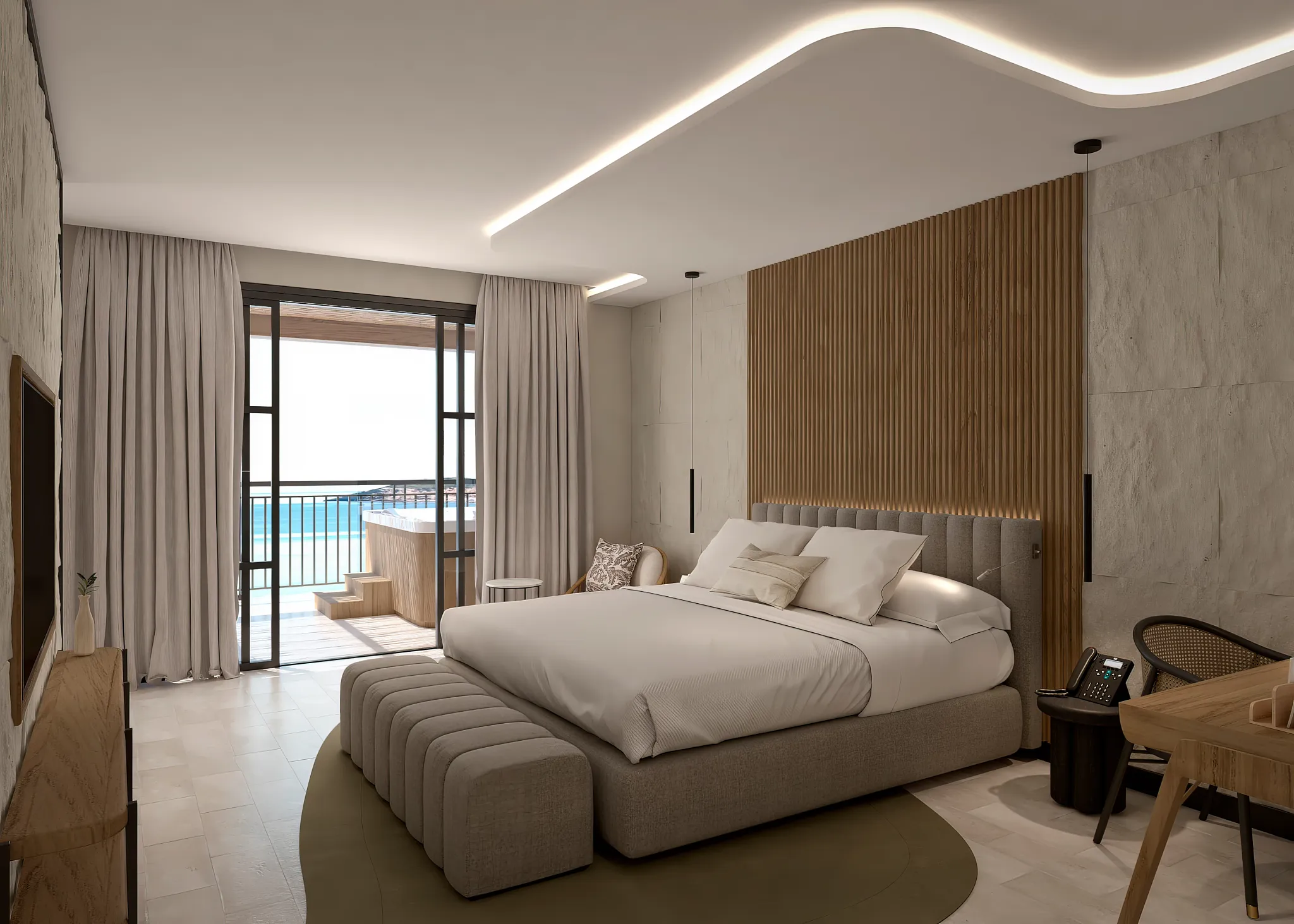 Presidential Suite bedroom with king bed and oceanfront terrace at Secrets Playa Esmeralda.